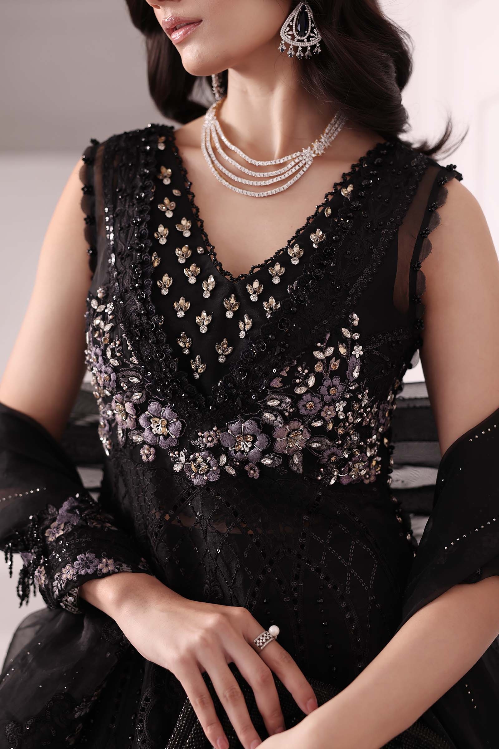 3 Piece Unstitched Embroidered Organza MC BLACK pakistani fashion…